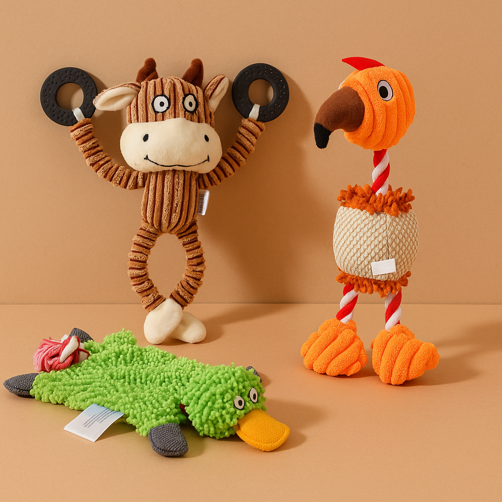 Three plush toys on a beige background: a horse, a rooster, and a duck.