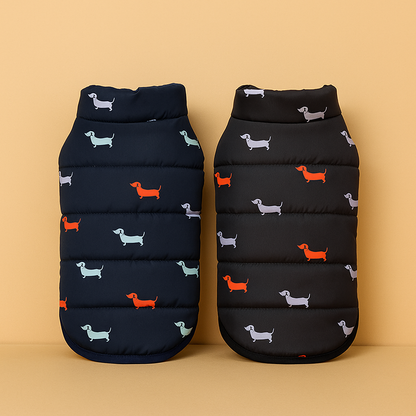 Two black dog coats with dachshund pattern on a beige background